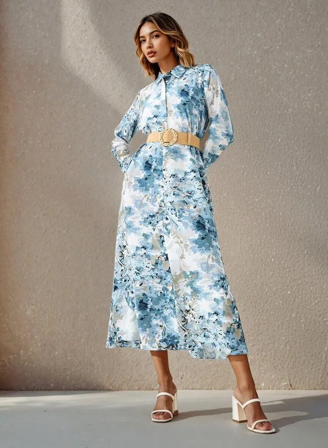 ايكونيك فستان قميص نسائي بطبعة زهور أيقونية مع ياقة